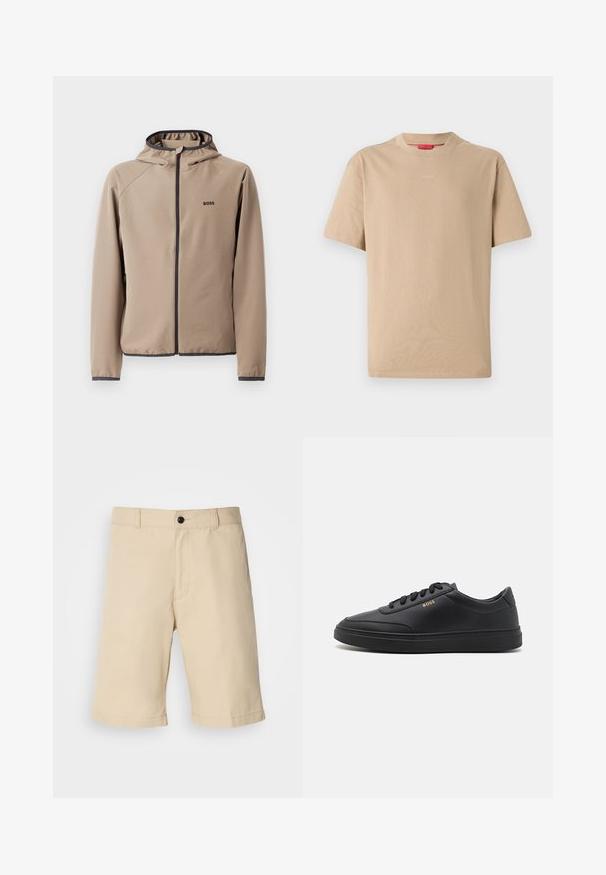 Beeži kapuutsiga jope, millel on lukuga esiosa, mustad aktsendid ja logo rinnal. Valmistatud siledast, venivast kangast, millel on keha lähedane lõige.; Beige puuvillane T-särk lühikeste varrukatega, ümar kaelus ja diskreetne "HUGO" logo keskel. Sile tekstuur, mugav lõige.; Beeži lühikesed püksid, mis on valmistatud kergest kangast, esifriik, tavaline vöökoht nööbiga kinnitusega ja sirge servaga.; Mustad nahkspordijalatsid siledast materjalist, ümarate varvastega, tasase kummist tallaga ja tooni sobivate paeltega. Küljes on kuldne "BOSS" bränding.