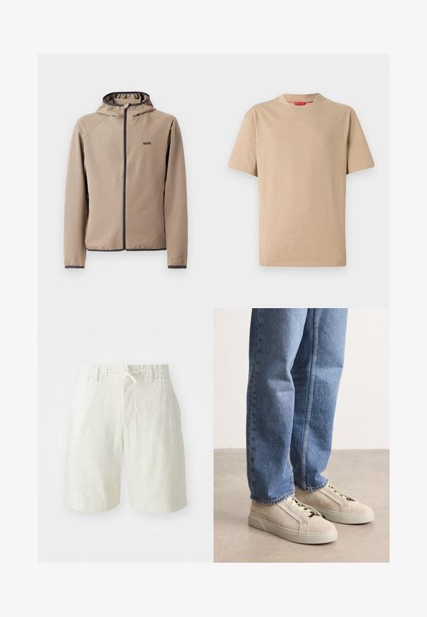 Beige hættejakke med lynlåsfront, sorte detaljer og logo på brystet. Fremstillet af et glat, strækbart stof med en tætsiddende design.; Beige bomulds T-shirt med korte ærmer, rund halsudskæring og subtilt "HUGO" logo i midten. Glat overflade, afslappet pasform.; Lys beige shorts lavet af et blødt, tekstureret stof. Har en elastisk talje med snoretræk og en enkelt frontlomme.; BOSS GARYTENN_SDHDEL - Sneakers - natural ten