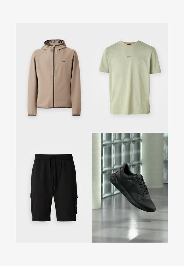 Beige gewatteerde jas met een ritssluiting aan de voorkant, zwarte accenten en een logo op de borst. Gemaakt van een gladde, rekbare stof met een getailleerd ontwerp.; Olijfgroen T-shirt met korte mouwen van zachte stof, met een ronde halslijn en een klein 'BOSS'-logo gedrukt in het midden.; Zwarte cargoshorts gemaakt van lichtgewicht stof, met een elastische tailleband, een trekkoord en zijvakken voor extra opbergruimte.; Zwarte BOSS sneaker met mesh- en lederen details, zwevend boven een gepolierde vloer tegen glasblokken muren.