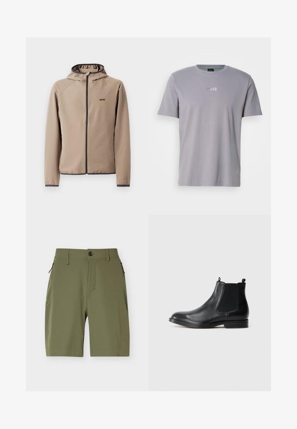 Beige hættejakke med lynlåsfront, sorte detaljer og logo på brystet. Fremstillet af et glat, strækbart stof med en tætsiddende design.; Grå kortærmet T-shirt lavet af bomuld, med rund halsudskæring og præget "BOSS"-logo i hvid på brystet.; Mandeshorts i olivengrøn, knælange, med knaplukning og lynlåslommer i siden på hvid baggrund.; Sorte læder Chelsea støvler med elastiske sidepaneler, rund tå, trækstrop og en lav blokhæl. Glat tekstur og minimalistisk design.