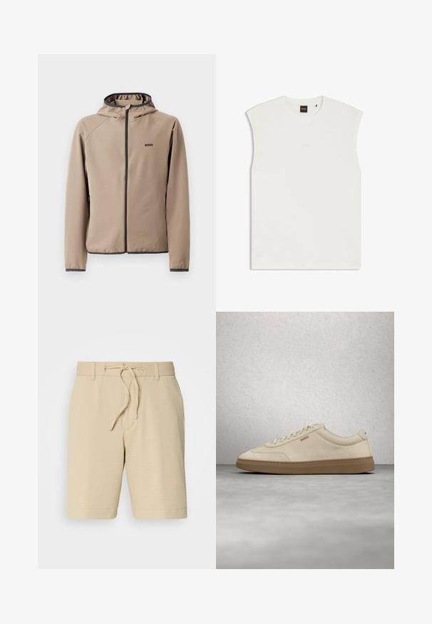 Beige hættejakke med lynlåsfront, sorte detaljer og logo på brystet. Fremstillet af et glat, strækbart stof med en tætsiddende design.; Hvid, ærmeløs t-shirt med rund halsudskæring og diskret "BOSS"-logo broderet på brystet samt sort mærke på kraven.; Beige shorts lavet af tekstureret stof, med en elastisk talje med snøre og sidelommer for funktionalitet.; Lyse beige ruskindssneaker med gummisål i farven gum, tydelige snørebånd og fine syningsdetaljer. Ren design med et minimalistisk æstetisk udtryk.