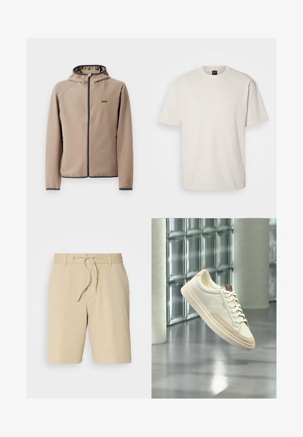 Beige gewatteerde jas met een ritssluiting aan de voorkant, zwarte accenten en een logo op de borst. Gemaakt van een gladde, rekbare stof met een getailleerd ontwerp.; Korte mouwen, ronde hals t-shirt in off-wit katoen, met een rechte snit en minimale merkvermelding op de hals. Zachte textuur, geen patronen.; Beige shorts van gestructureerde stof, met een elastische tailleband met trekkoord en zijzakken voor functionaliteit.; Witte lage sneaker met beige accenten en veters, met het merk "BOSS", zwevend boven een gepolijste vloer met een glasblokken muur op de achtergrond.