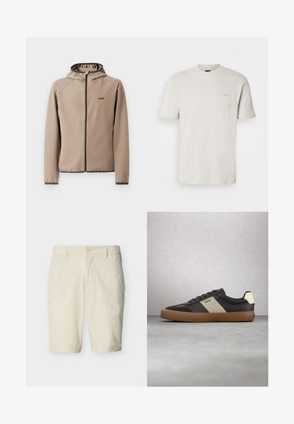 Chaqueta beige con capucha y cierre frontal, detalles en negro y logotipo en el pecho. Fabricada en un tejido suave y elástico con un diseño ajustado.; Camiseta lisa de color beige claro, de manga corta y cuello redondo, con un pequeño logo "BOSS" bordado en el pecho izquierdo.; Pantalones cortos beige hasta la rodilla con cierre de botones, cinturas laterales elásticas, trabillas para cinturón y bolsillos laterales sobre un fondo liso.; Zapatilla negra y marrón con una franja beige y el logo "BOSS", flotando sobre un suelo de concreto gris y un fondo de pared de bloques de vidrio.