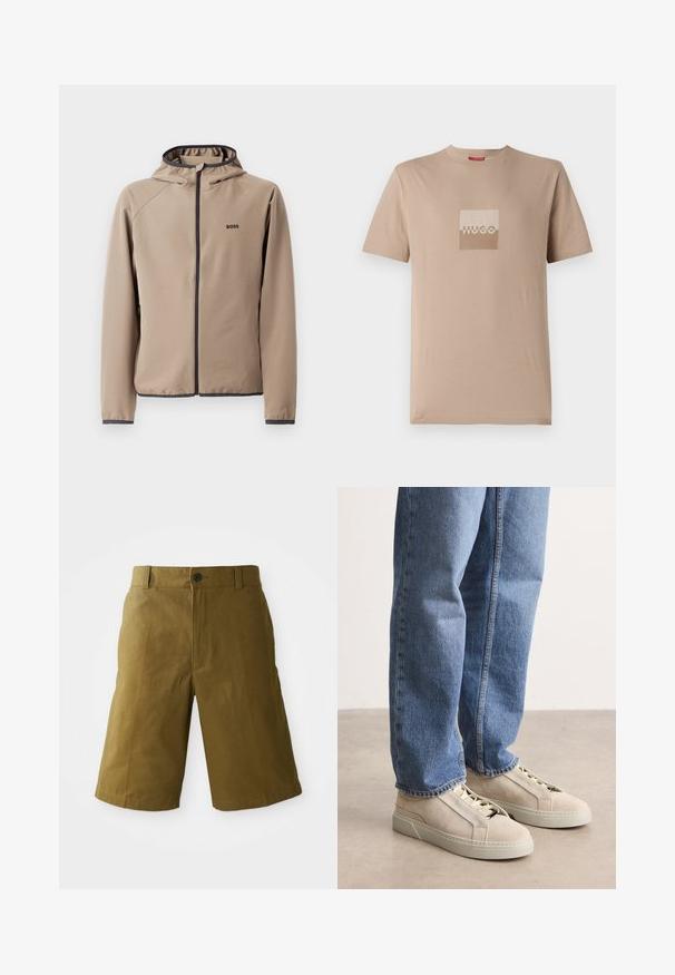 Beige hættejakke med lynlåsfront, sorte detaljer og logo på brystet. Fremstillet af et glat, strækbart stof med en tætsiddende design.; Beige t-shirt lavet af bomuld, med et firkantet logo i hvid og lys brun. Korte ærmer, rund halsudskæring, normal pasform.; Knælange olivengrønne shorts med knaplukning, bælteholdere og skræddersyet pasform på hvid baggrund.; BOSS GARYTENN_SDHDEL - Sneakers - natural ten