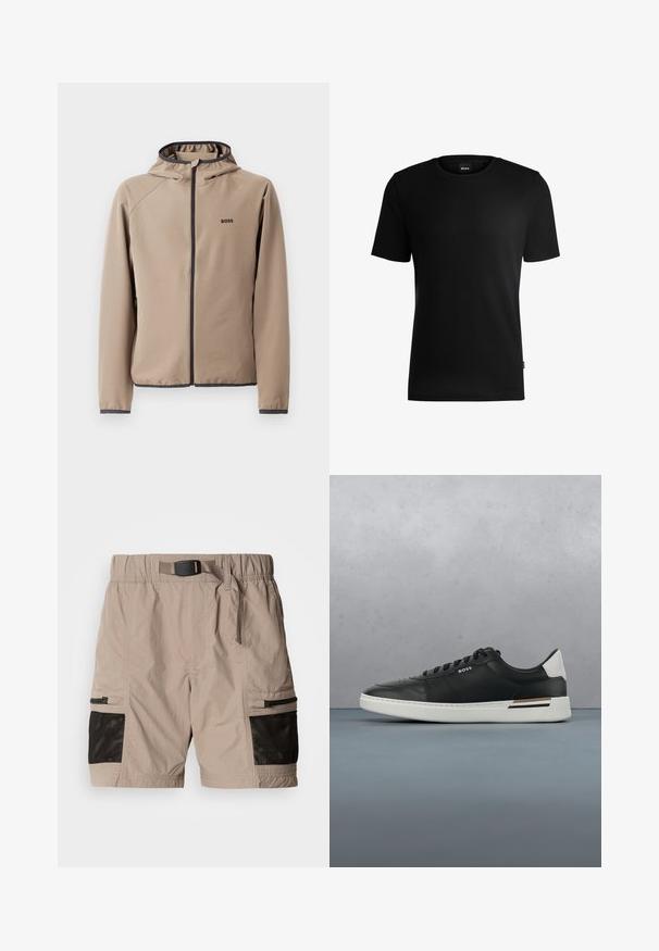 Beige gewatteerde jas met een ritssluiting aan de voorkant, zwarte accenten en een logo op de borst. Gemaakt van een gladde, rekbare stof met een getailleerd ontwerp.; Zwarte korte mouwen T-shirt gemaakt van textuurstof met een ronde halslijn. Heeft een logo-label aan de onderkant.; Beige cargoshorts van een gestructureerde stof, met zwarte gaasaccenten, een elastische tailleband en zijzakken met ritsen.; Zwarte leren sneaker met witte zool, voorzien van perforaties, vetersluiting, logo aan de zijkant en contrasterend hieldetail in wit en bruin.