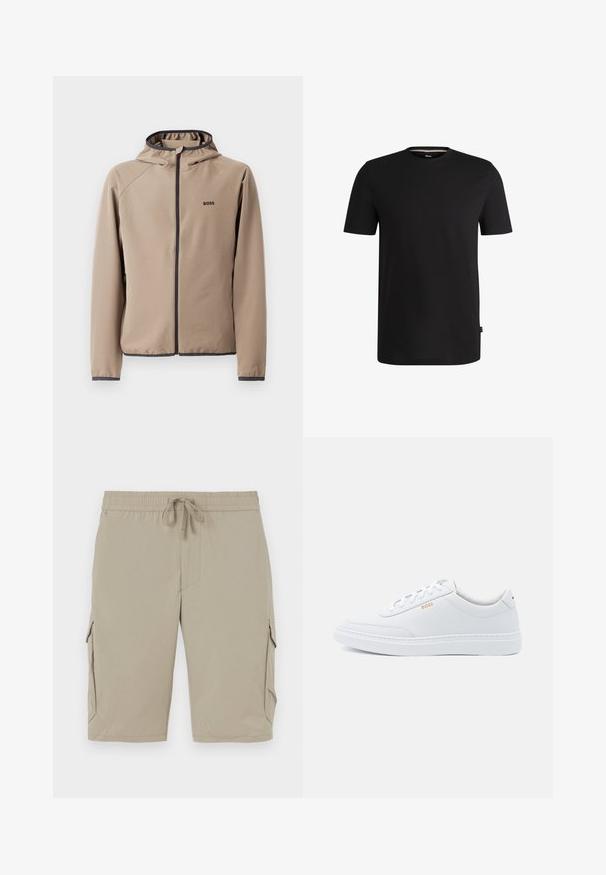 Beige hættejakke med lynlåsfront, sorte detaljer og logo på brystet. Fremstillet af et glat, strækbart stof med en tætsiddende design.; Sort kortærmet t-shirt lavet af glat bomuld med rund halsudskæring. Har et diskret mærke på venstre side nær kanten.; Beige cargo shorts med elastisk talje og snor. Har sidelommer og et glat, let stof.; Hvide lædersneakers med glat tekstur, rund tå og ton-i-ton syning. Har blå snørebånd og et gult logo på siden.