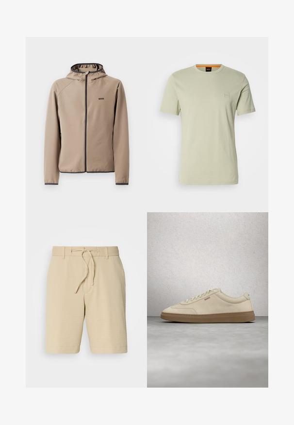 Beige hættejakke med lynlåsfront, sorte detaljer og logo på brystet. Fremstillet af et glat, strækbart stof med en tætsiddende design.; Lys grøn kortærmet t-shirt lavet af bomuld. Har et lille firkantet logo på brystet og en orange detalje ved halsudskæringen.; Beige shorts lavet af tekstureret stof, med en elastisk talje med snøre og sidelommer for funktionalitet.; Lyse beige ruskindssneaker med gummisål i farven gum, tydelige snørebånd og fine syningsdetaljer. Ren design med et minimalistisk æstetisk udtryk.