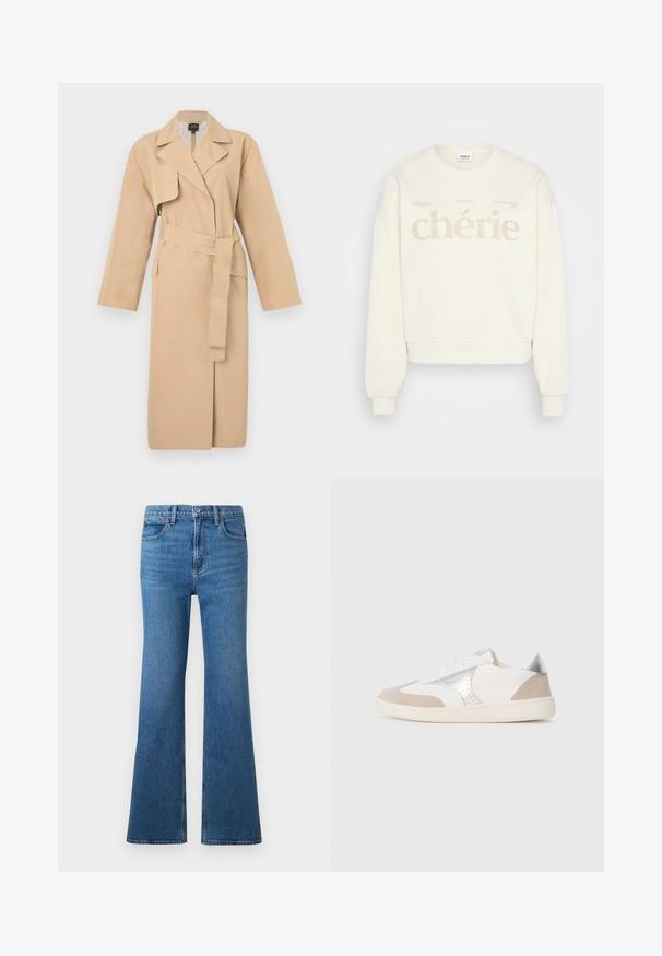 Beige Trenchcoat mit Reverskragen, langen Ärmeln, Taillengürtel und seitlichen Taschen. Glatte Textur mit minimalistischer Gestaltung.; Cremfarbener Sweatshirt mit rundem Ausschnitt, lockerer Passform und langen, umgeschlagenen Ärmeln. Mit "chérie" in großen Pastellbuchstaben auf der Vorderseite.; Blaue High-Waist-Jeans aus Denim mit weitem Bein, Frontknopf- und Reißverschluss sowie klassischem Fünf-Taschen-Design vor einfarbigem Hintergrund.; Weißes Leder- und Wildledersneaker mit beigen Akzenten und silbernem Detail. Rundliche Zehenpartie, Schnürdesign und flache Gummisohle.