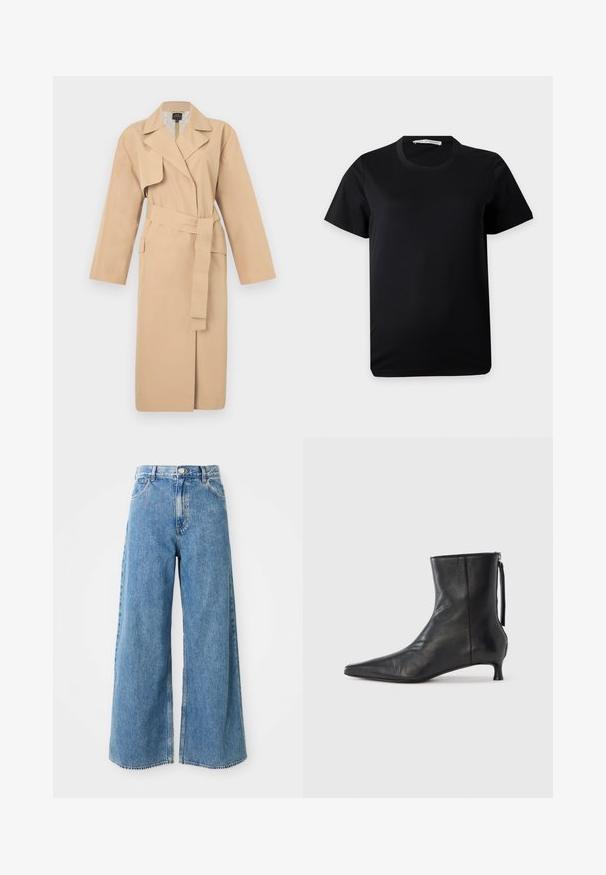 Beige trenchcoat met een reverskraag, lange mouwen, een strikceintuur in de taille en zijzakken. Soepele textuur met een minimalistisch design.; Eenvoudig zwart T-shirt met korte mouwen en ronde hals, plat gelegd op een witte achtergrond met een zichtbaar merklabel in de kraag.; Hoge taille lichtblauwe wijde spijkerbroek met knoop aan de voorkant, ritsluiting en voorzakken op een witte achtergrond.; Zwarte leren enkellaars met een puntige neus, gestructureerde vorm en een lage hak. Voorzien van een zijrits en een minimalistisch ontwerp.