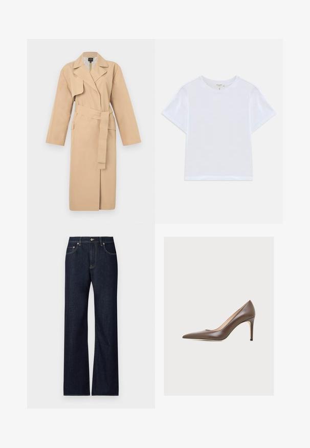 Trench coat beige con cuello de solapa, mangas largas, cintura ceñida con cinturón y bolsillos laterales. Textura suave con un diseño minimalista.; Camiseta blanca corta hecha de algodón suave, con un cuello redondo y mangas cortas, y un corte ligeramente holgado. Sin patrones ni acentos.; Jeans de mezclilla azul oscuro con un diseño de pierna recta, que cuentan con cinco bolsillos, costuras amarillas contrastantes y un cierre de botón de metal.; Zapato de salón marrón de cuero con tacón alto, puntera puntiaguda y tacón delgado sobre un fondo claro y liso.