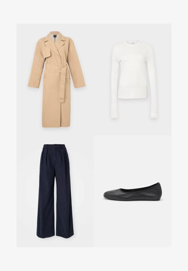 Beige trenchcoat met een reverskraag, lange mouwen, een strikceintuur in de taille en zijzakken. Soepele textuur met een minimalistisch design.; Witte langemouwen t-shirt gemaakt van zachte katoen. Heeft een ronde hals, aansluitende pasvorm en een gladde textuur. Geen patronen of accenten.; Donkerblauwe wijde broek gemaakt van katoen, met plooien aan de voorkant, een hoge taille en een ritssluiting met knoopsluiting.; Zwarte leren ballerina met een ronde neus, gladde textuur, minimale stikdetails en een flexibele zoolontwerp.