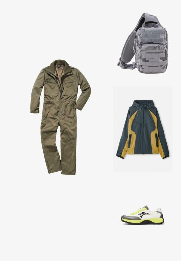 Grijze en gele gewatteerde jas met capuchon en een ritssluiting aan de voorkant, met contrasterende panelen, ritszakken en elastische manchetten. Gladde textuur.; Olijfgroene jumpsuit gemaakt van duurzaam weefsel, met een ritssluiting aan de voorkant, geribde kraag en meerdere met rits afsluitbare zakken op de borst en zijkanten.; Sneakers hebben een bovenwerk van wit canvas, grijze rubberaccenten, neon groene veters, een opvallend logo en een gestructureerde zwarte zool voor grip.; Brandit US COOPER EVERYDAYCARRY-SLING - Schoudertas - blizzard camo