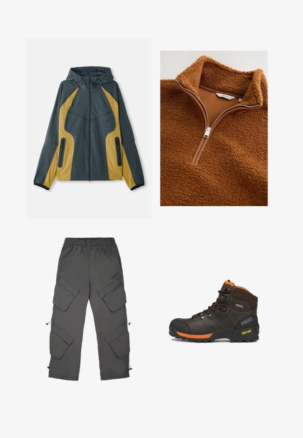 Hallidehallitega hall ja kollane jakk, millel on särgi ees lukuga avamine, kontrastsete paneelidega, lukuga taskud ja elastsed varrukad. Sujuv tekstuur.; Pruun fliisist pullover kõrge kraega, pool-sertimise disainiga, tekstureeritud välispinda ja siledat voodrit, millel on hõbedased tõmblukuhardware.; Tumed hallid cargo püksid, millel on elastne vöökoht, mitmed cargo-taskud, nööriga alumised servad ja sile tekstuur.; Pruun nahast matkasaabas mustade ja oranžide detailidega, mustade paeltega, Vibrami tallaga, Gore-Texi sildiga ja Aigle 1853 brändinguga kandadel.