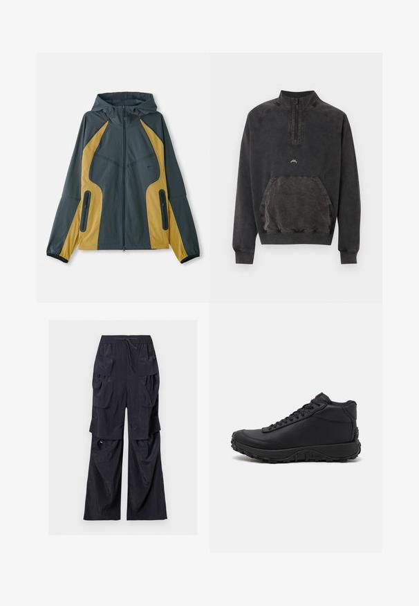 Chaqueta con capucha en gris y amarillo, con cierre de cremallera en la parte delantera, que presenta paneles en contraste, bolsillos con cremallera y puños elásticos. Textura suave.; Sudadera negra lavada con cremallera parcial, bolsillo canguro, puños y dobladillo acanalados, y pequeño logo "A C W" en el pecho.; Pantalones cargo negros de pierna ancha con múltiples bolsillos grandes con solapa y cintura con cordón sobre fondo blanco.; Zapatillas altas negras hechas de cuero texturizado, con suela de goma gruesa con patrones de tracción y diseño de cordones. Acabado en rojo en la lengüeta.