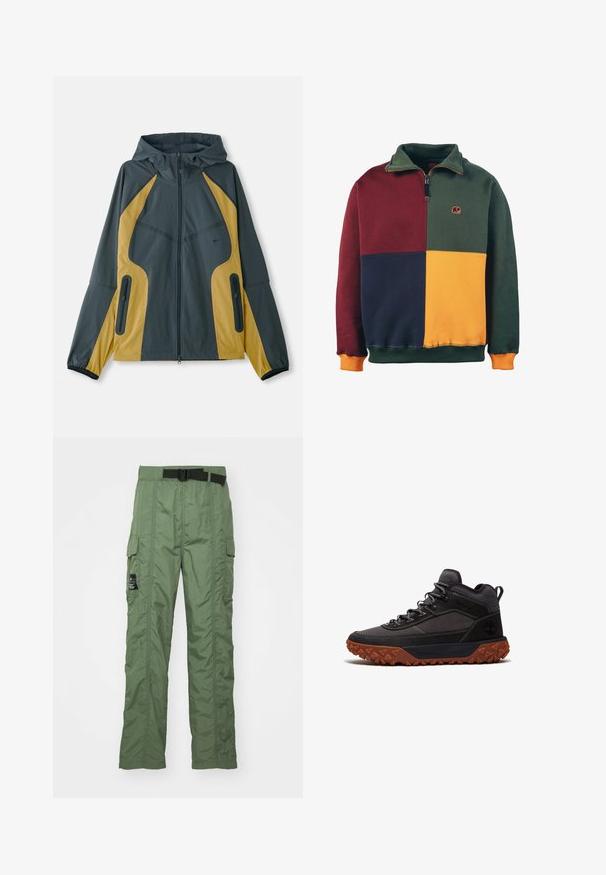 Grå og gul hættejakke med lynlås foran, der har kontrasterende paneler, lynlåslommer og elastiske manchetter. Glat tekstur.; Farvet sweatshirt med blokfarver i grøn, burgunder, navy og sennep. Lynlås-collared design med et elefantlogo på brystet. Blød tekstur.; Cargo bukser i olivengrøn, lavet af let materiale. Har et sort bælte, cargo-lommer på siderne og syningsdetaljer.; Mørkegrå og sort højt snørestøvle til vandring med brun tekstureret sål, polstret krave, snørebånd foran og Timberland-logo på hælen.