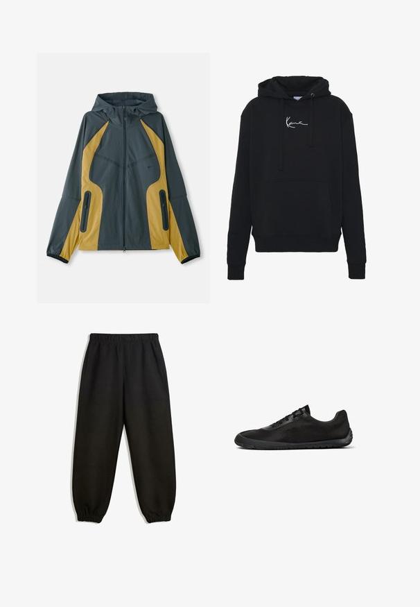 Grau und gelbe Kapuzenjacke mit Reißverschluss vorne, ausgestattet mit kontrastierenden Einsätzen, Reißverschlusstaschen und elastischen Bündchen. Glatte Textur.; Schwarzer Hoodie aus weichem Material, mit einer Fronttasche, Kordelzügen und weißer Logo-Stickerei auf der Brust. Klassische Passform und gerippte Bündchen.; Schwarze Jogginghosen mit elastischem Bund, seitlichen Taschen und elastischen Bündchen, flach auf einem weißen Hintergrund ausgelegt.; Schwarzer, flacher Sneaker mit Mesh-Obermaterial, Schnürverschluss und flexiblem Gummisohlen, von der Seite auf weißem Hintergrund gezeigt.