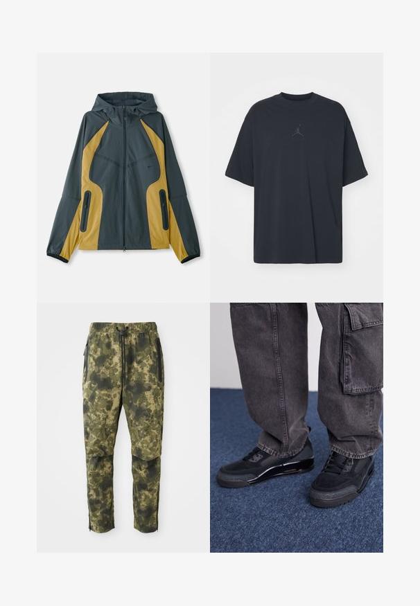 Grå og gul hættejakke med lynlås foran, der har kontrasterende paneler, lynlåslommer og elastiske manchetter. Glat tekstur.; Sort bomuld T-shirt med løs pasform, rund hals, korte ærmer, med et diskret logo og teksten "AIR" over logoet i centrum.; Kamuflagebukser i forskellige nuancer af grøn med et digitalt mønster. Har elastisk talje, snor og sidelommer med lynlås.; Sorte sportsko med en struktureret overflade, glatte detaljer og en kraftig sål, der er parret med mørke, løstsiddende cargo-bukser.
