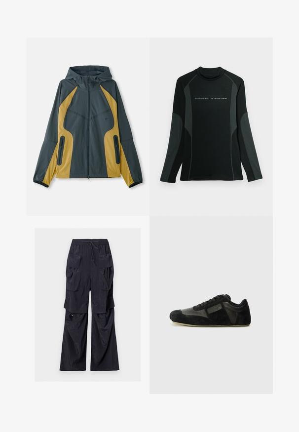 Chaqueta con capucha en gris y amarillo, con cierre de cremallera en la parte delantera, que presenta paneles en contraste, bolsillos con cremallera y puños elásticos. Textura suave.; Camisa negra de manga larga con cuello alto, hecha de una tela texturizada. Presenta paneles laterales grises y el logo "NIKE TECH" en el pecho.; Pantalones cargo negros de pierna ancha con múltiples bolsillos grandes con solapa y cintura con cordón sobre fondo blanco.; Zapatillas negras hechas de ante y cuero. Presentan un perfil bajo, punta redondeada, diseño de cordones y acentos texturizados. Las suelas tienen textura antideslizante.