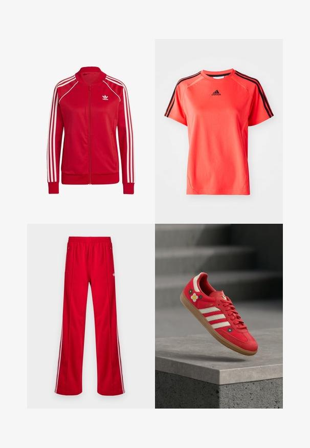 Chaquetas rojas con cremallera, hechas de una tela suave, con acentos blancos de tres franjas en las mangas y un pequeño logo blanco en el pecho.; Camiseta deportiva de manga corta en un brillante color coral, fabricada con un tejido ligero. Presenta el logo de Adidas en negro y tres rayas negras en cada hombro.; Pantalones deportivos rojos con un corte holgado, cintura elástica, dos bolsillos laterales y franjas blancas a los lados. Fabricados con un material sintético y suave.; Zapatilla deportiva roja con rayas blancas, bordado floral y suela de goma. Tela lisa con detalles de ante. Modelo: Samba.