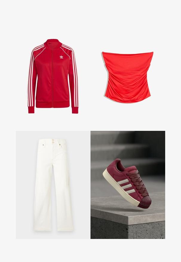 Rode ritsjackets van gladde stof, met witte driekleurige accenten op de mouwen en een klein wit logo op de borst.; Rode mouwloze buisvormige top met gedetailleerde plooien, ontworpen om nauwsluitend om de romp te passen.; Witte jeans met hoge taille en wijde pijpen, voorzien van een dubbele knoopsluiting en zijzakken, tegen een lichte achtergrond.; Bordeauxrode suède sneaker met een rubberen shell-toe, voorzien van drie witte strepen, dikke veters en een gestructureerde tussenzool op een grijze ondergrond.