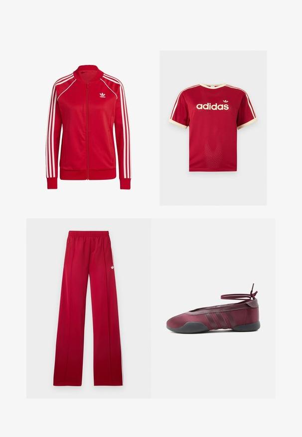 Chaquetas rojas con cremallera, hechas de una tela suave, con acentos blancos de tres franjas en las mangas y un pequeño logo blanco en el pecho.; Camiseta de malla roja Adidas con ribetes beige en el cuello, las mangas y las tres rayas en los hombros, con el logo de Adidas y texto en el frente.; Pantalones deportivos rojos de pierna ancha con cinturilla elástica, bolsillos laterales con cremallera, rayas blancas a los lados y pequeño logo blanco en el muslo izquierdo.; Bailarina burdeos con suela negra, tiras elásticas en el tobillo atadas en moño y detalles cosidos en los laterales, vista desde el lado exterior.