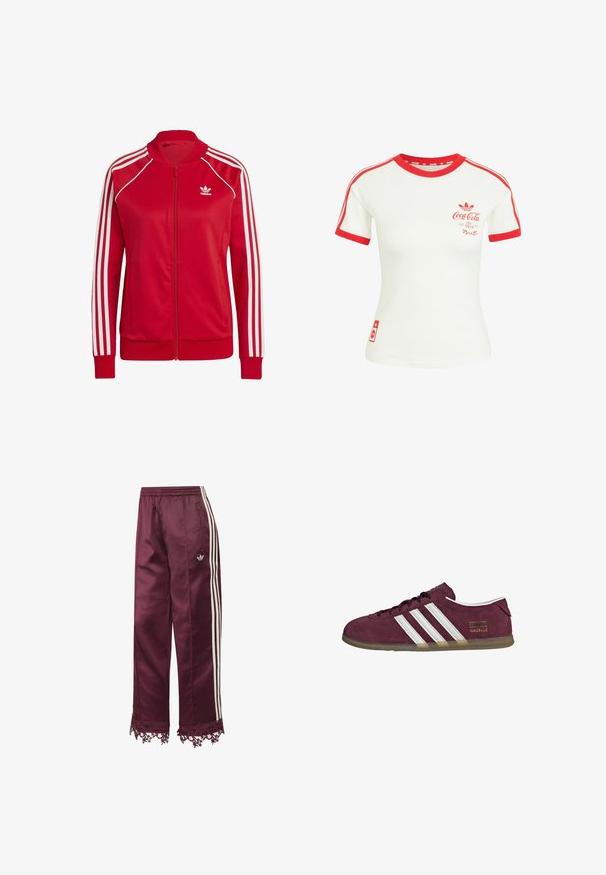 Chaquetas rojas con cremallera, hechas de una tela suave, con acentos blancos de tres franjas en las mangas y un pequeño logo blanco en el pecho.; Camiseta blanca de manga corta con cuello rojo, ribete en las mangas, rayas y logo de Coca-Cola en el pecho y la parte inferior.; Pantalones deportivos de satén color burdeos con franjas laterales blancas, cintura elástica, bolsillos con cremallera y adornos de encaje en el dobladillo.; Zapatilla de ante color granate con detalles de rayas blancas, punta redonda y suela de goma color natural. Tiene una etiqueta con el logo en el lado exterior.