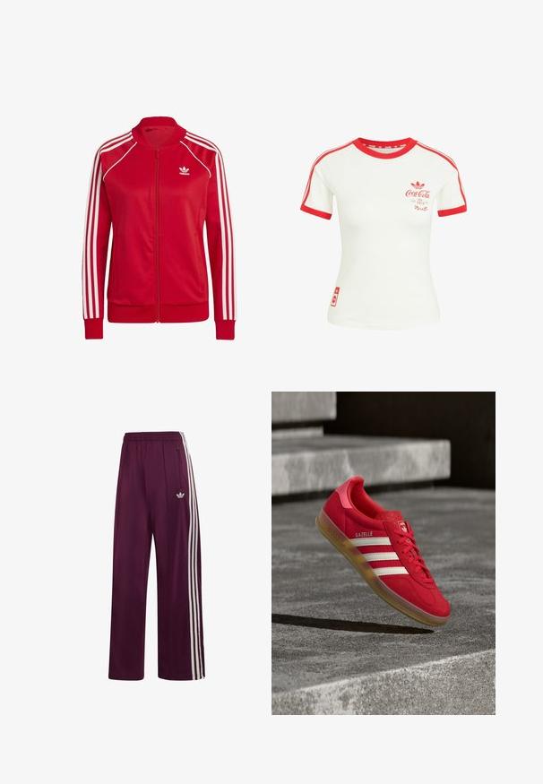Røde lynlåsjakker lavet af glat stof, med hvide tre-stribede accenter på ærmerne og et lille hvidt logo på brystet.; Hvid T-shirt med korte ærmer med rød krave, ærmekant, striber og Coca-Cola-logo på brystet og nederste side.; Vinrøde Adidas træningsbukser med elastisk linning, tre hvide striber på siden, lynlåslomme og broderet logo på venstre lår.; Rød ruskinds-sneaker med hvide striber, flad gummisål og tekstureret hæl. Har "Gazelle"-mærkning på siden og rundet tådesign.