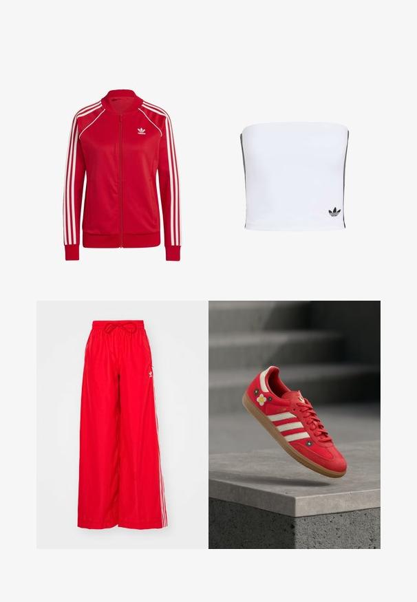 Chaquetas rojas con cremallera, hechas de una tela suave, con acentos blancos de tres franjas en las mangas y un pequeño logo blanco en el pecho.; Top bandeau blanco hecho de tejido elástico. Presenta rayas laterales negras y un pequeño logotipo negro en el dobladillo. Textura suave.; Pantalones anchos rojos de tela ligera, con franjas laterales blancas y una cintura elástica con cordón.; Zapatilla deportiva roja con rayas blancas, bordado floral y suela de goma. Tela lisa con detalles de ante. Modelo: Samba.