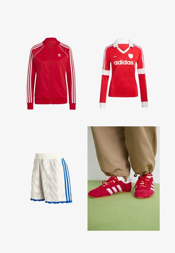Rode ritsjackets van gladde stof, met witte driekleurige accenten op de mouwen en een klein wit logo op de borst.; Rode lange mouwen voetbalshirt met een witte kraag en manchetten. Heeft drie witte strepen op de schouders en het "adidas" logo prominent weergegeven.; Witte textuurshorts met blauwe biezen aan de zijkant, een geribde tailleband, een blauw geschulpte zoom en een klein gouden logo aan de onderzijde.; Rode suède sportschoenen met witte strepen, vlakke rubberen zool en rode veters. Draag met beige broeken, gepositioneerd op een groene ondergrond.
