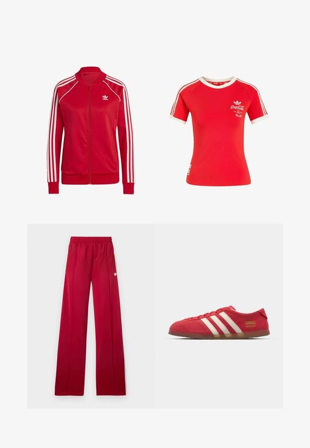 Rode ritsjackets van gladde stof, met witte driekleurige accenten op de mouwen en een klein wit logo op de borst.; Rode Adidas T-shirt met korte mouwen, witte strepen op de mouwen, een witte kraag en een Coca-Cola-logo met de tekst "Ice Cold" op de borst.; Rode trainingsbroek met wijd uitlopende pijpen, elastische tailleband, zijzakken met rits, witte strepen aan de zijkanten en een klein wit logo op de linker dij.; Rode suède sneakers met wit drie-streepdesign, platte zool en gouden logo-detail. Laag uitgesneden ontwerp met ronde neus en vetersluiting.