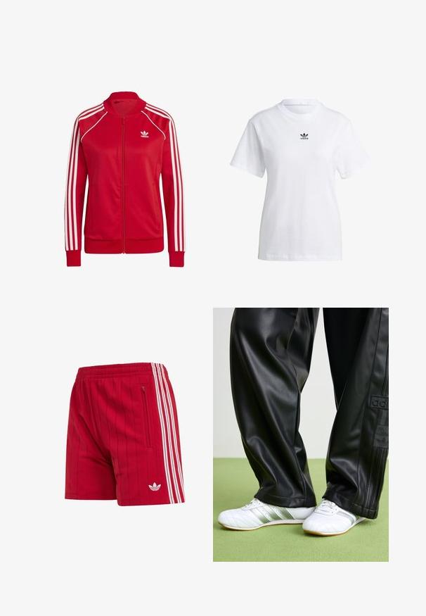 Chaquetas rojas con cremallera, hechas de una tela suave, con acentos blancos de tres franjas en las mangas y un pequeño logo blanco en el pecho.; adidas Originals REGULAR FIT - Camiseta básica - white; Pantalones cortos deportivos rojos con rayas verticales, rayas laterales blancas, cintura elástica, bolsillo con cremallera y logo de Adidas en la pierna izquierda.; Pantalones de cuero sintético negros con un corte holgado, que presentan una textura suave y franjas laterales. Combinados con zapatillas blancas con detalles plateados.