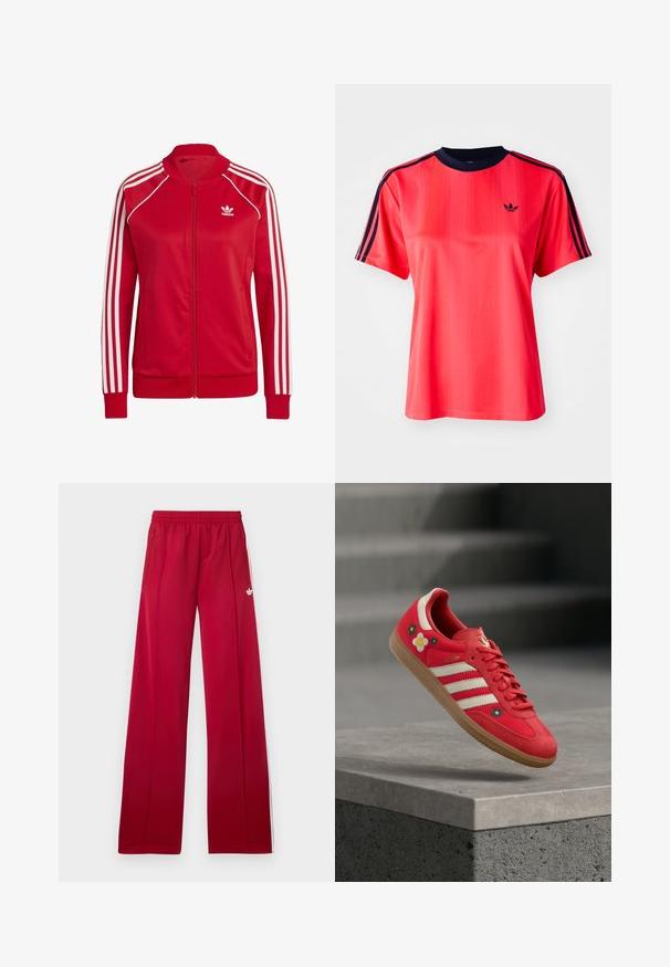 Røde lynlåsjakker lavet af glat stof, med hvide tre-stribede accenter på ærmerne og et lille hvidt logo på brystet.; Rød sports t-shirt med korte ærmer, der har lodrette striber, en marineblå rund hals og et lille sort logo på forsiden.; Røde trackbukser med brede ben, elastik i taljen, sidelommer med lynlås, hvide striber på siderne og lille hvidt logo på venstre låret.; Rød sportssko med hvide striber, blomsterbroderi og gummisål. Glat stof med ruskindsdetaljer. Model: Samba.