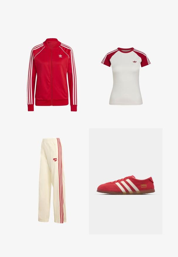 Rode ritsjackets van gladde stof, met witte driekleurige accenten op de mouwen en een klein wit logo op de borst.; Wit aangesloten sportshirt met korte mouwen, rode raglanmouwen, rode kraag, drie witte strepen op de mouwen en klein logo op de linkerborst.; Roomkleurige joggingbroek met rode strepen langs de zijkanten, voorzien van een rood hartlogo op de linker dij en een zijritszak.; Rode suède sneakers met wit drie-streepdesign, platte zool en gouden logo-detail. Laag uitgesneden ontwerp met ronde neus en vetersluiting.