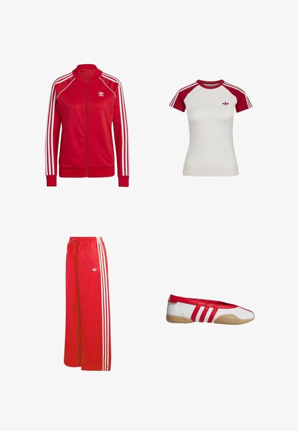 Røde lynlåsjakker lavet af glat stof, med hvide tre-stribede accenter på ærmerne og et lille hvidt logo på brystet.; Hvid tætsiddende sportstrøje med korte ærmer, røde raglanærmer, rød krave, tre hvide striber på ærmerne og lille logo på venstre bryst.; Røde træningsbukser lavet af let materiale, med bred benudformning, elastisk talje, snøre og tre hvide striber på hver side.; Rød og hvid flad sko med rund tå, lavet af glat syntetisk materiale. Har tre røde striber og en tanfarvet gummisål.