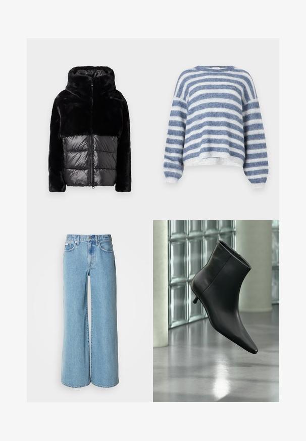 Veste doudoune noire avec un haut en fausse fourrure et une section inférieure matelassée brillante. Conçue avec un col haut et une fermeture éclair à l'avant.; American Vintage NENYBAY - Pullover - polaire/raye tornade; Jean large bleu clair en denim, avec une taille haute, un design à cinq poches et un léger dégradé sur le tissu.; Bottine en cuir noir à bout pointu et petit talon kitten, présentée en angle devant un sol poli et un mur en blocs de verre.