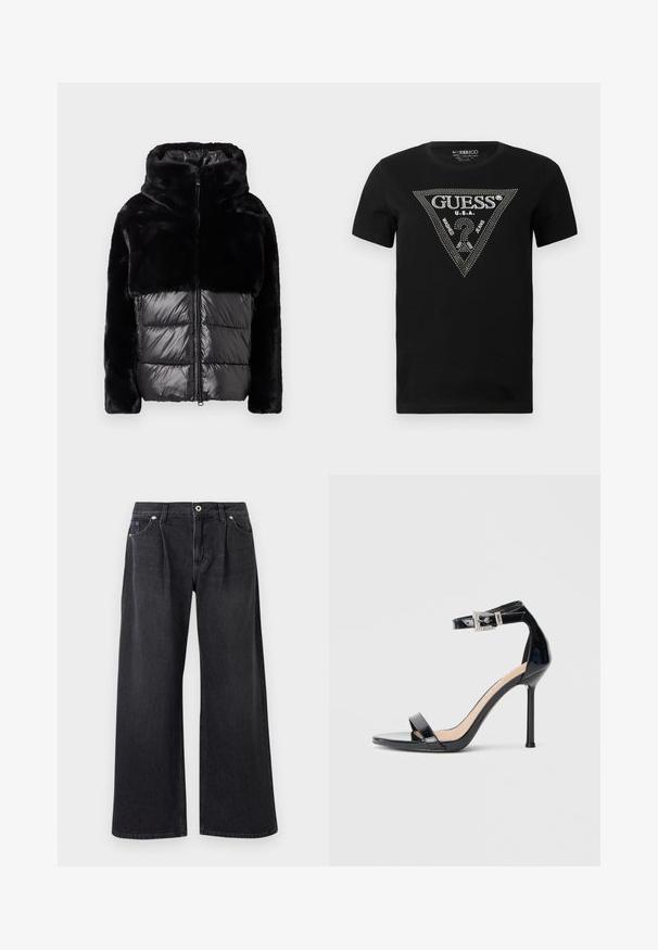Veste doudoune noire avec un haut en fausse fourrure et une section inférieure matelassée brillante. Conçue avec un col haut et une fermeture éclair à l'avant.; T-shirt en coton noir avec un design de triangle en strass portant le texte "GUESS" et "U.S.A.", col rond et manches courtes.; Jean noir à jambe large en denim, avec une fermeture à bouton sur le devant, deux poches avant et une finition épurée sans embellissements.; Sandale à talon haut en cuir verni noir avec bride à la cheville. Présente un design minimaliste, un bout ouvert et une boucle ornée de strass.