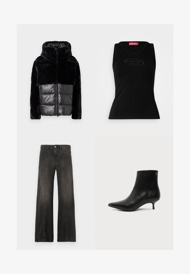 Veste doudoune noire avec un haut en fausse fourrure et une section inférieure matelassée brillante. Conçue avec un col haut et une fermeture éclair à l'avant.; Débardeur sans manches noir en coton doux, avec un logo en relief subtil au centre et une étiquette de marque rouge dans le col.; Jean en denim noir à jambes larges avec une finition délavée, comprenant deux poches avant et des détails cousus le long des coutures. Conception taille haute.; Bottine en cuir noir avec bout pointu et petit talon kitten sur fond clair, vue côté extérieur.