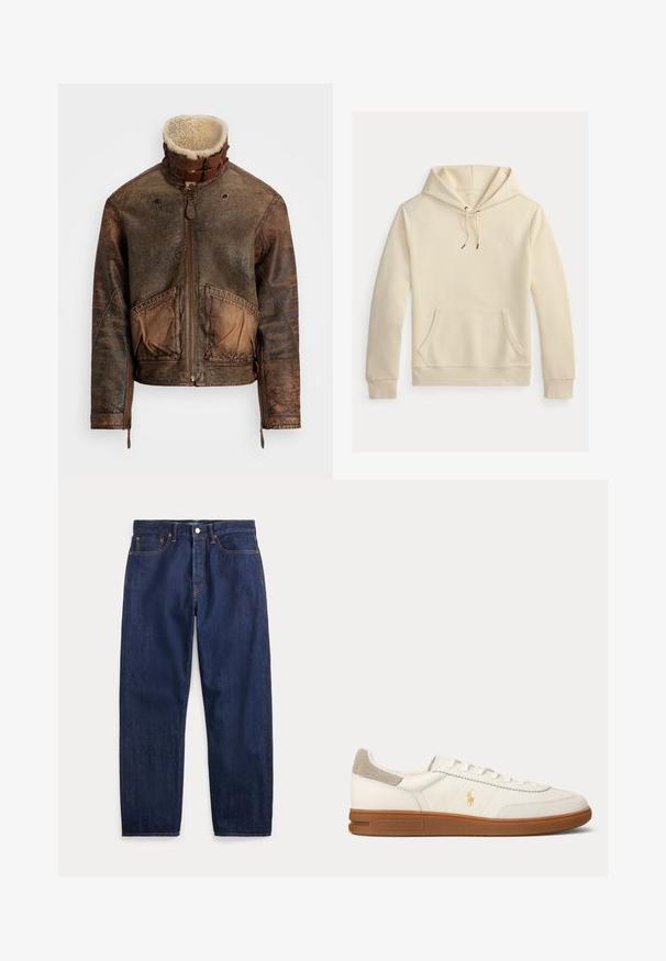 Brun distressed læderjakke med shearlingkrave, frontlynlås, spænder, to forlommer og lynlåse ved manchetterne.; Beige pullover-hoodie med frontlomme og snøre i hætten, med et lille diskret broderet logo på brystet.; Mørkeblå denimjeans med lige ben, fem lommer, knaplukning og synlige syninger.; Hvid læder lav sko med brun gummi sål, beige ruskind hæl patch og lille gyldent Polo-logo på siden.