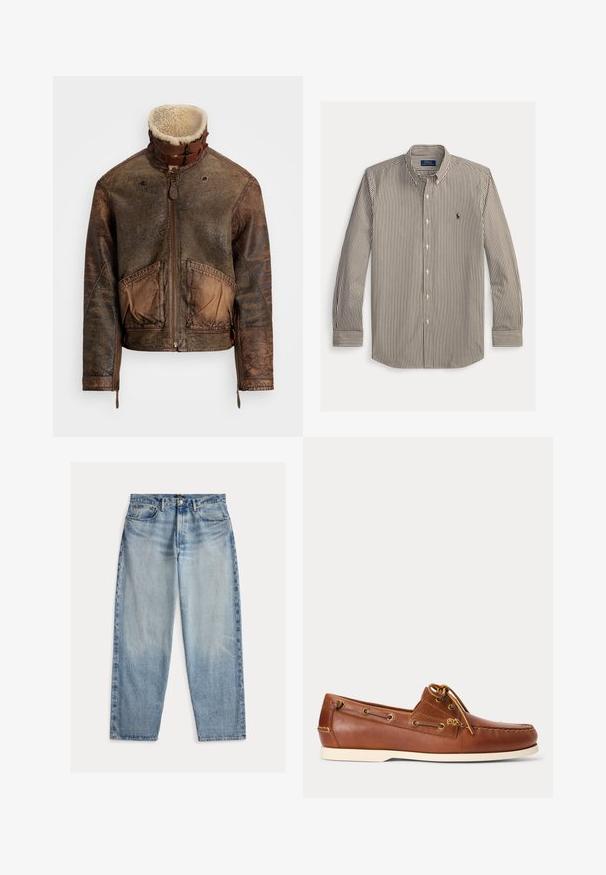 Brun distressed læderjakke med shearlingkrave, frontlynlås, spænder, to forlommer og lynlåse ved manchetterne.; Langærmet skjorte med knapper med lodrette brune og hvide striber, knappet krave og Polo Ralph Lauren logo på venstre bryst.; Lyseblå denimjeans med løs pasform. Har høj talje, fem lommer og synlige syninger. Overfladen er let tekstureret.; Brun læder bådsko med hvid sål, snørebånd bundet foroven og metal-øjer langs siderne og i forreste syning.
