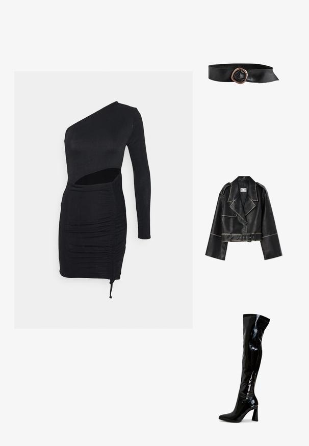 Afskåret sort læderjakke med brede ærmer, kontrasterende hvid syning, klippet krave, to knapper og et matchende bælte.; IN THE STYLE RUCHED CUT OUT SLINKY MINI DRESS - Jerseykjole - black; Sorte laklæderstøvler, der går til låret, med spids snude, firkantet blokhæl og glat, blank tekstur. Ingen synligt hardware.; Sort læderbælte med bredt bånd og stor uregelmæssig kobberfarvet metalspænde.