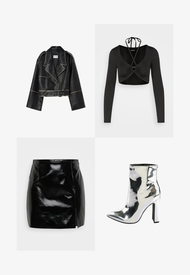 Korte zwarte leren jasje met brede mouwen, contrasterende witte stiksels, geknopt kraag, twee knopen en een bijpassende riem.; Even&Odd by Zalando Longsleeve - black; Zwarte mini-skirt gemaakt van glanzend materiaal. Heeft een zijrits en een split aan de rechterzijde voor extra detail en ontwerp. Gladde textuur.; Zilveren gepatenteerde leren enkelboot met een spitse neus, een stevige hoge hak en een rits aan de zijkant, met een gladde, glanzende textuur.