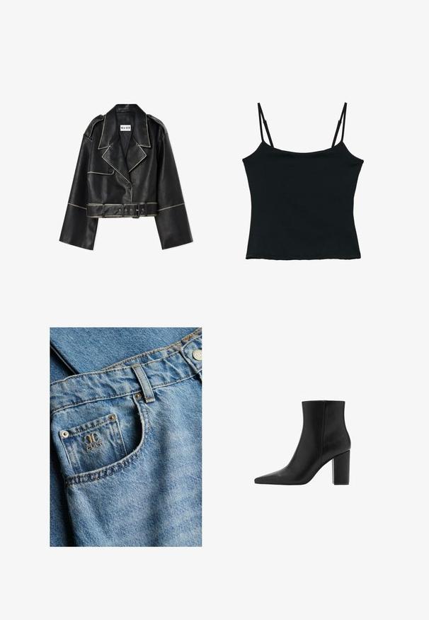 Korte zwarte leren jasje met brede mouwen, contrasterende witte stiksels, geknopt kraag, twee knopen en een bijpassende riem.; Zwarte mouwloze cropped top met dunne verstelbare schouderbandjes en rechte halslijn op een witte achtergrond.; Lichtblauwe spijkerbroek close-up met voorzak met gestikt logo en metalen klinknagels, en tailleband met riemlus en knoop.; Zwarte leren enkellaars met een spitse neus en blokhak. Gladde textuur en minimalistisch ontwerp, met een schacht van gemiddelde hoogte.