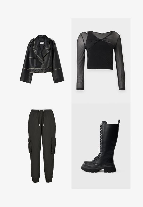 Korte zwarte leren jasje met brede mouwen, contrasterende witte stiksels, geknopt kraag, twee knopen en een bijpassende riem.; Zwart cropped top met lange mouwen, transparante mesh aan de bovenborst, schouders en mouwen, met een gedraaide voorkant bij de halslijn.; Zwarte cargobroek van lichtgewicht materiaal, met een elastische tailleband, verstelbaar trekkoord, zijzakken en geribbelde manchetten.; Zwarte leren kniehoge laarzen met een ronde neus, vetersluiting aan de voorkant en een dikke, gestructureerde rubberen zool. Met logo-opdruk aan de zijkant.