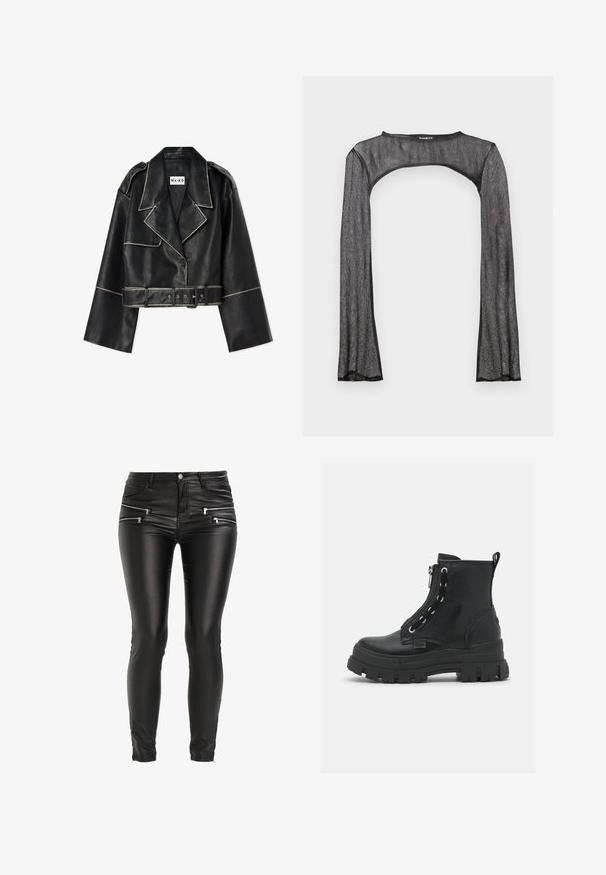 Veste en cuir noir coupée avec des manches larges, des coutures blanches contrastées, un col cranté, deux boutons et une ceinture assortie.; Boléro en maille noire transparente avec manches longues et devant ouvert, conçu pour couvrir les épaules et les bras.; Freequent AIDA COOPER - Pantalon classique - black; Bottines noires en cuir texturé avec une semelle en caoutchouc épaisse, fermeture éclair et lacets dotés d'œillets en argent.
