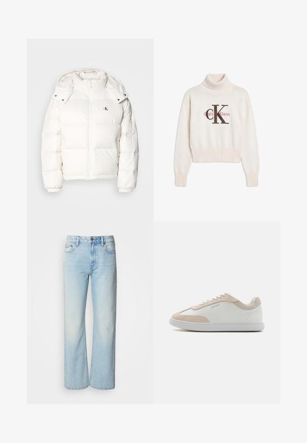 Veste en duvet blanche avec fermeture éclair, col haut et capuche ajustable. Comprend des poignets élastiques et un petit logo sur la poitrine.; Pull col roulé couleur crème Calvin Klein avec poignets et ourlet côtelés, avec un grand logo CK noir et rouge sur le devant.; Jeans à jambes larges bleu clair en denim, présentant un design classique à cinq poches et une texture légèrement décolorée. La couture en denim est visible.; Baskets en cuir blanc avec des accents en suède beige et des lacets blancs. Elles présentent un bout arrondi et une semelle rembourrée pour plus de confort.