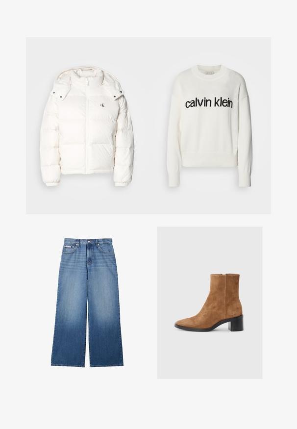 Veste en duvet blanche avec fermeture éclair, col haut et capuche ajustable. Comprend des poignets élastiques et un petit logo sur la poitrine.; Pull en tricot blanc avec un col rond et des manches longues, présentant un logo "calvin klein" noir sur la poitrine. Texture douce, coupe courte.; Jean en denim bleu à jambes larges avec devant délavé, style cinq poches, fermeture par bouton et zip, et petite étiquette Calvin Klein sur la poche avant.; Bottine en suede marron avec un bout pointu, un talon moyen rectangulaire et un discret logo en relief. Fermeture éclair sur le côté.