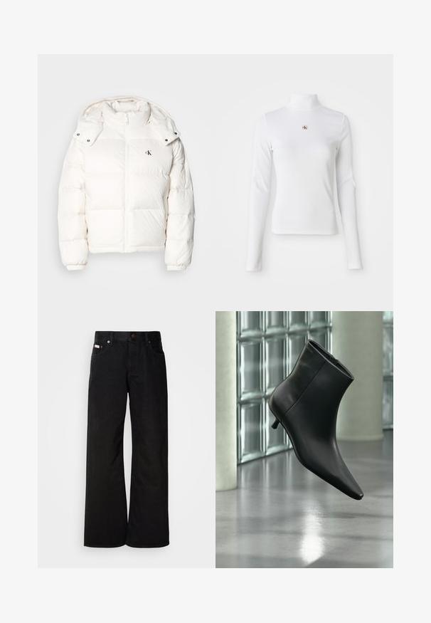 Veste en duvet blanche avec fermeture éclair, col haut et capuche ajustable. Comprend des poignets élastiques et un petit logo sur la poitrine.; Top à col roulé blanc à manches longues en matière côtelée. Présente un petit logo brodé au centre. Design ajusté sans motifs.; Jean large noir en coton. Présente des poches avant, une fermeture à bouton, et une texture denim classique. Design minimaliste sans motifs.; Bottine en cuir noir à bout pointu et petit talon kitten, présentée en angle devant un sol poli et un mur en blocs de verre.