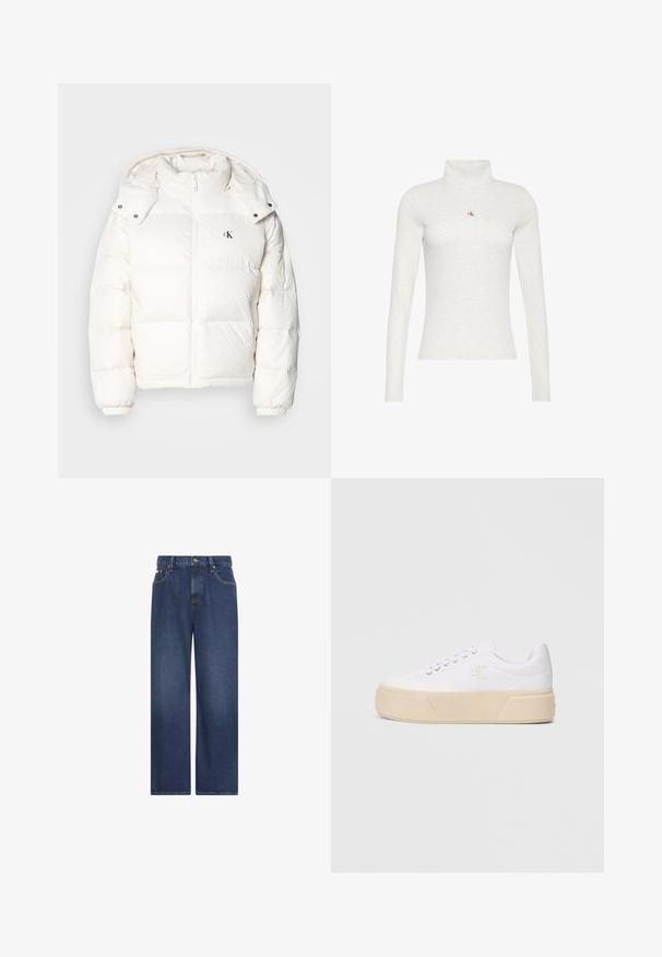 Veste en duvet blanche avec fermeture éclair, col haut et capuche ajustable. Comprend des poignets élastiques et un petit logo sur la poitrine.; Chemise à manches longues gris clair avec col roulé et petit logo "ck" rouge et noir centré sur la poitrine.; Jean en denim bleu foncé à jambes larges avec poches avant, passants de ceinture et fermeture par bouton à la taille sur fond blanc.; Baskets blanches en toile avec une semelle plateforme beige épaisse, présentant un logo brodé discret sur le côté et un design classique à lacets.