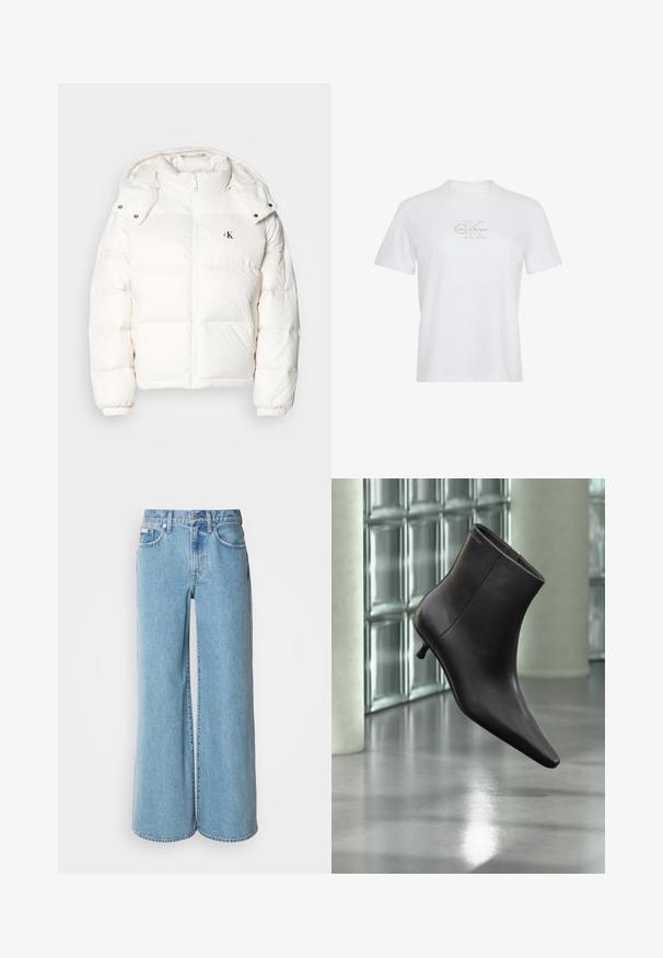 Veste en duvet blanche avec fermeture éclair, col haut et capuche ajustable. Comprend des poignets élastiques et un petit logo sur la poitrine.; T-shirt blanc à manches courtes avec col rond et logo Calvin Klein beige clair centré sur la poitrine.; Jean large bleu clair en denim, avec une taille haute, un design à cinq poches et un léger dégradé sur le tissu.; Bottine en cuir noir avec bout pointu et petit talon, présentée devant un mur en blocs de verre et un sol poli.