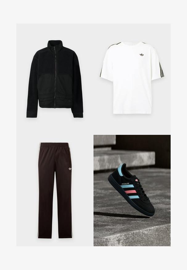 Sort jakke med et struktureret design, der har en fleece-overdel og en glat stofnederdel. Høj krave og lynlåslukning foran.; Hvid bomuld t-shirt med korte ærmer, prydet med sorte tre-stribede detaljer på skuldrene og et lille sort logo på brystet.; Sorte Adidas træningsbukser med elastisk taljebånd, hvide sidelommer, lynlåslommer og lille trefoil-logo på venstre lår.; Sort Adidas Spezial sneaker med blå og pink striber, svævende over en tekstureret grå betonoverflade med skygge nedenunder.